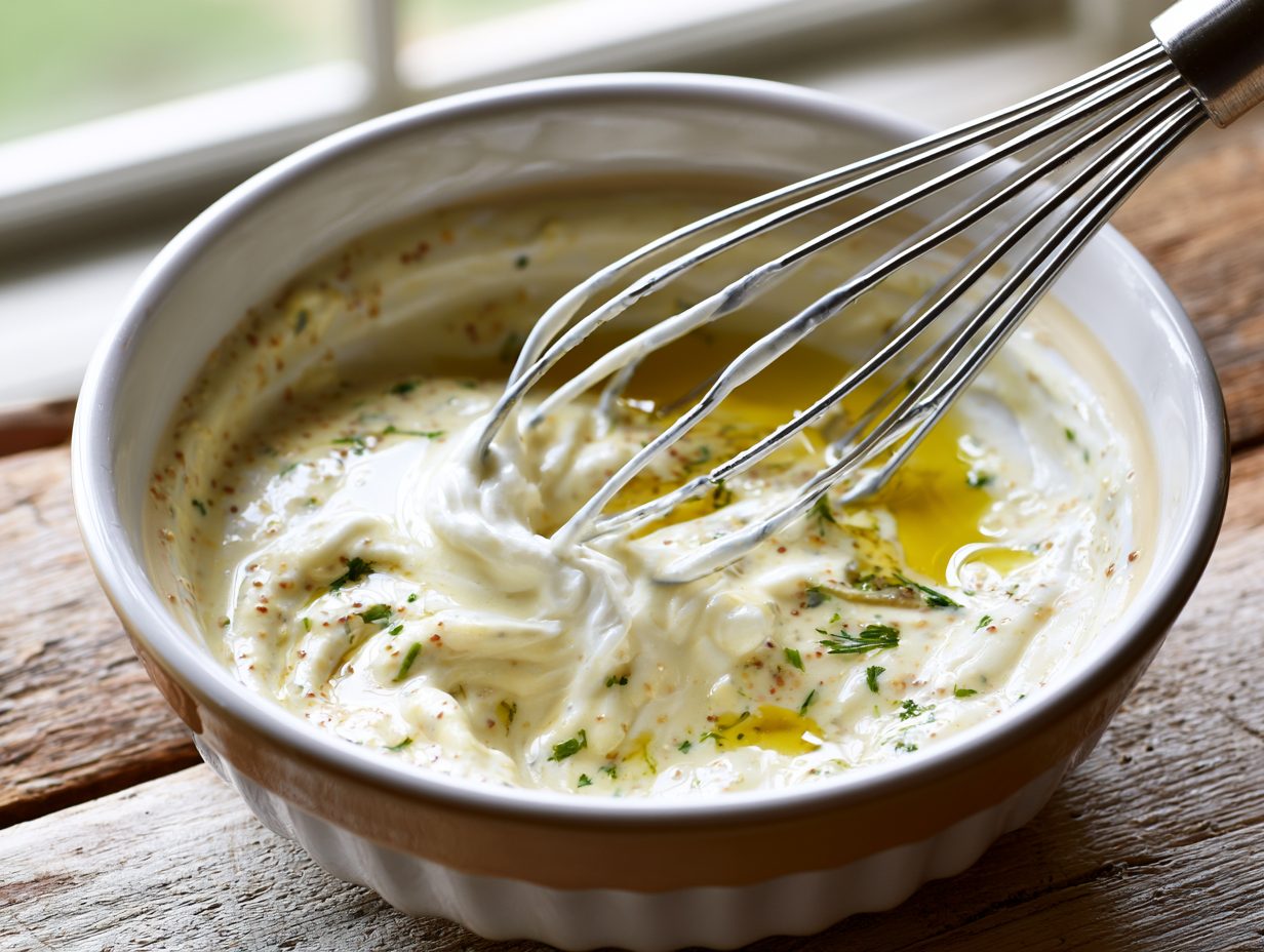 Schritt 2: Dressing aus Senf, Joghurt, Essig, Öl und Pfeffer verrühren.