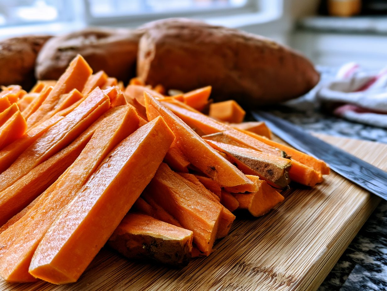 Schritt 1: Süßkartoffeln in gleichmäßige Sticks schneiden.