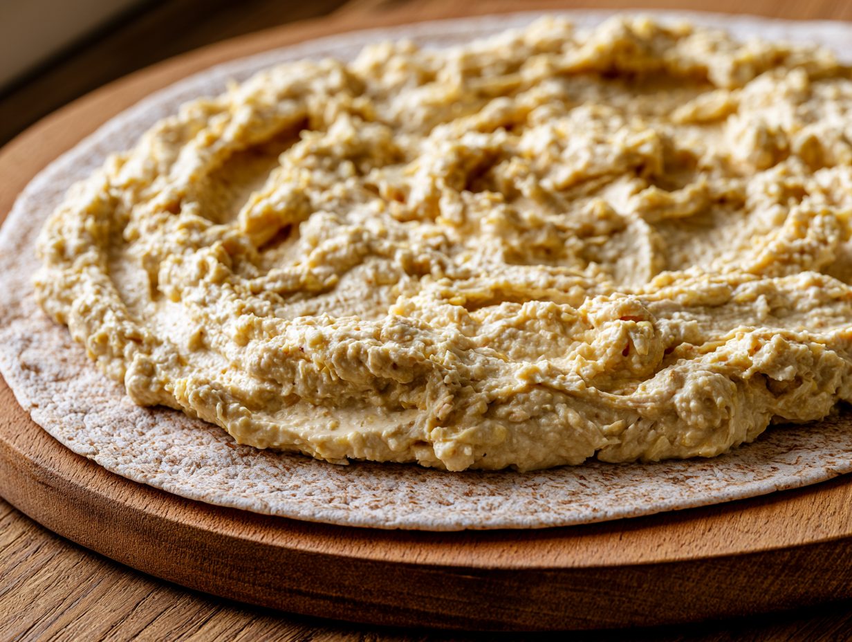 Schritt 3: Hummus auf den Wrap streichen.