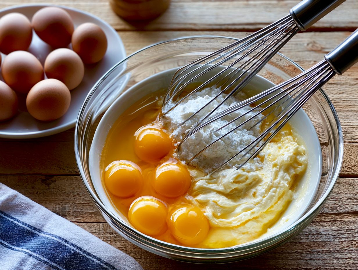 Schritt 2: Eigelb mit Frischkäse und Backpulver verrühren.