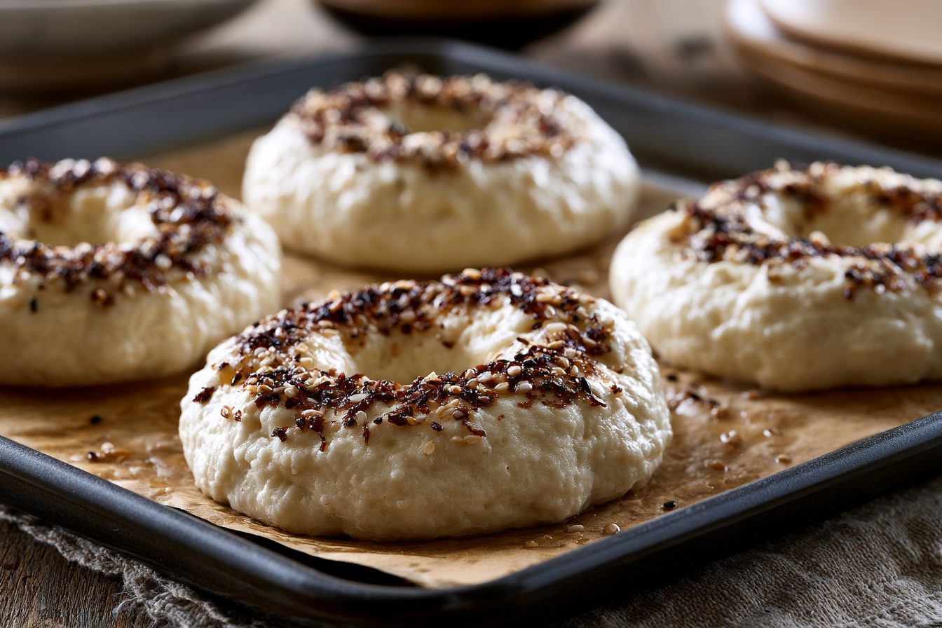 Schritt 4: Als Bagel aufs Blech setzen, mit Sesam bestreuen, backen.
